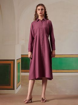FITHUB - Purple Modern Shirt Collar Midi Dress With Gathered Waist