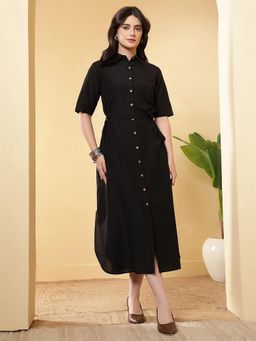 FITHUB - Black Women's Collared Button-Down Midi Shirt Dress With Belt