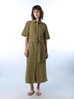 ONLY - Women's Solid Fit And Flare Olive Dress With Belt