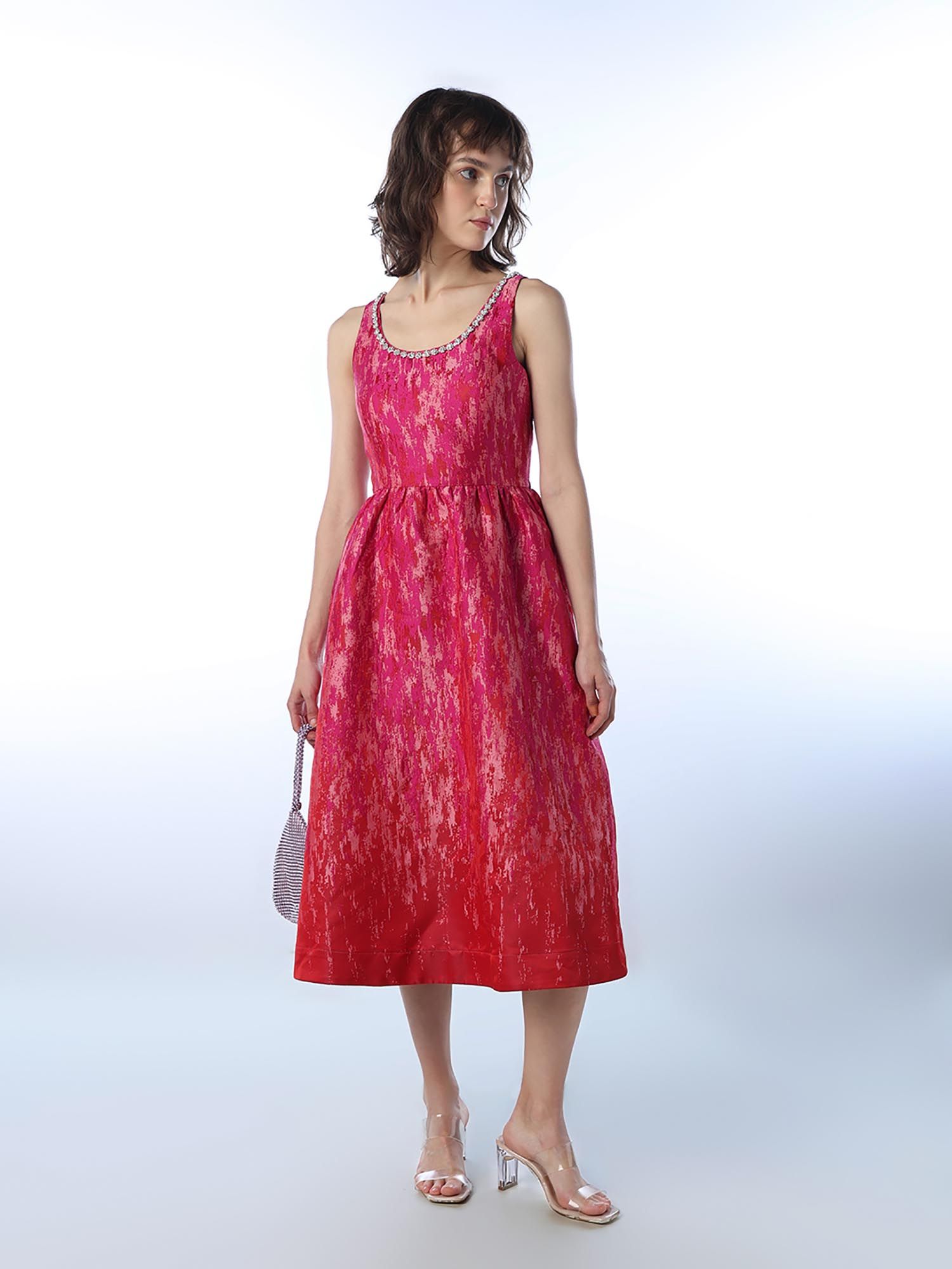 only Women's Self Design Fit And Flare Pink Dress-picture-11