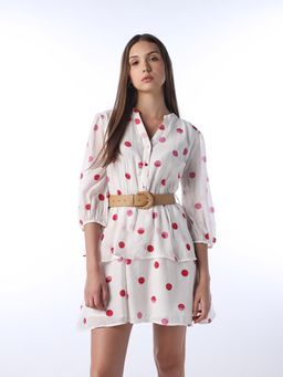 ONLY - Women's Polka Dots Fit And Flare White Dress With Belt