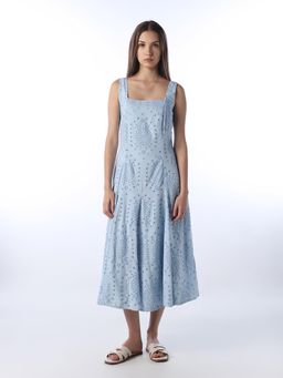 ONLY - Women's Self Design Fit And Flare Blue Dress