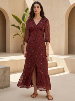 Globus - Women Maroon Floral Printed A-Line Midi Dress