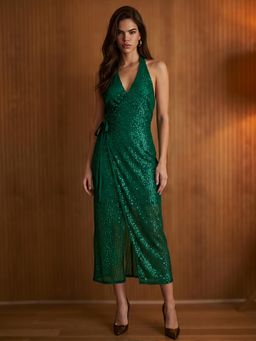 Globus - Women Green Halter Neck Wrap Waist Tie-Up Backless Sequinned Midi Party Dress