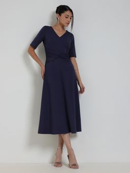 FableStreet - Navy Blue Polyester Slim Fit Half Sleeves V-Neck Solid Dress