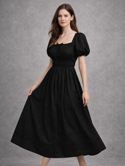 Lounge Dreams - Black Pure Cotton Dress with Gather Details