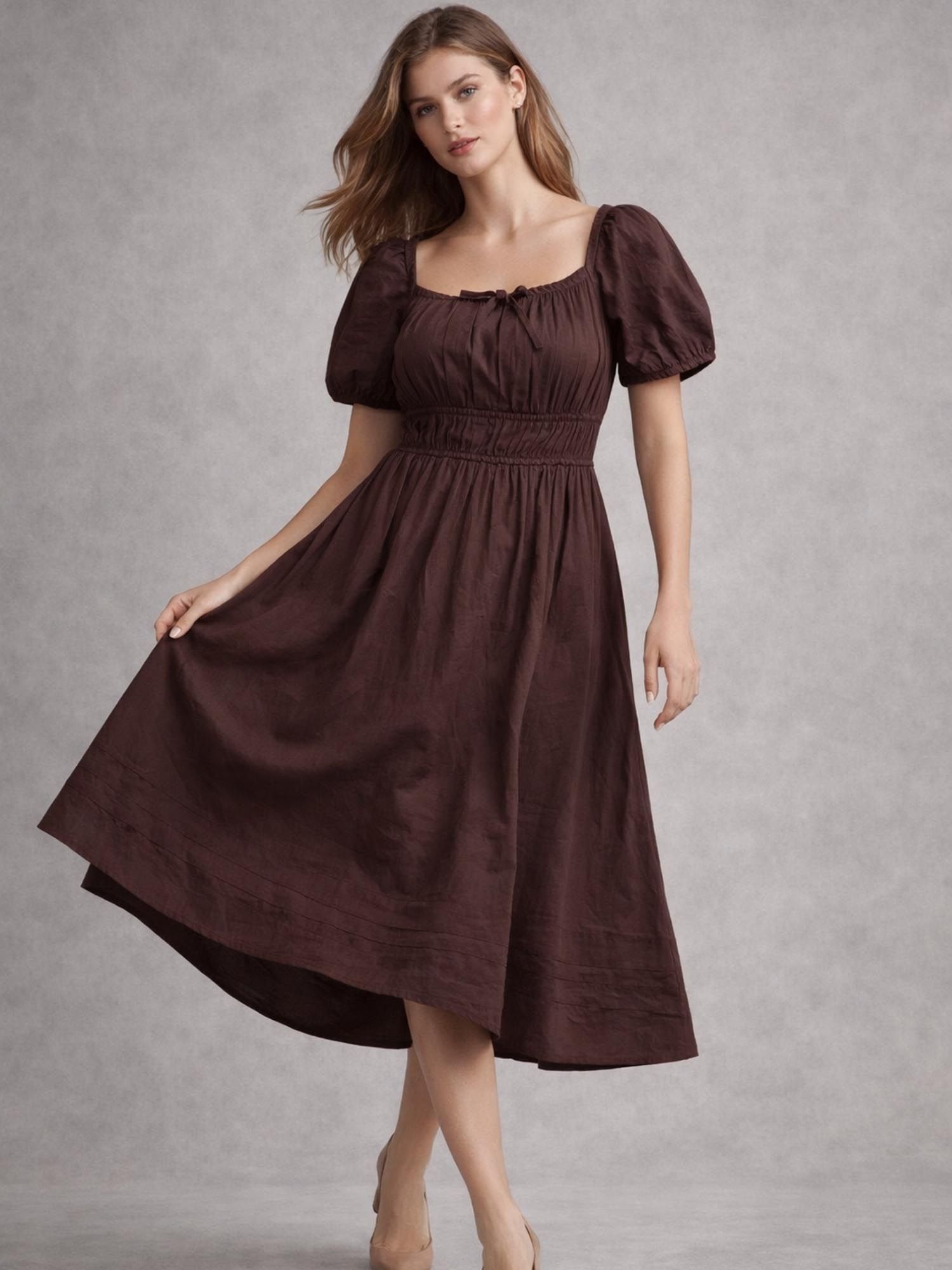 lounge dreams Brown Pure Cotton Dress with Gather Details-picture-41