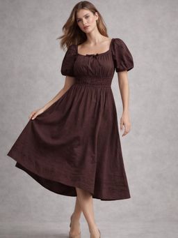 Lounge Dreams - Brown Pure Cotton Dress with Gather Details