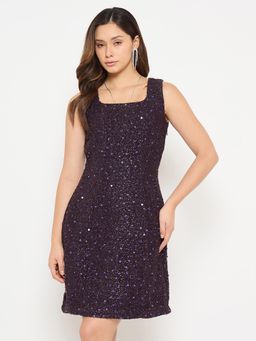Madame - Square Neck Shimmery Purple Sheath Dress