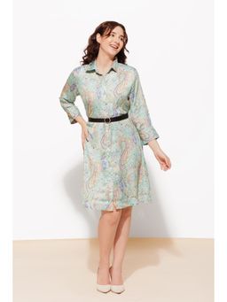Urban Sundari - Green Women's Shirt-Style Calf-Length Dress with Belt