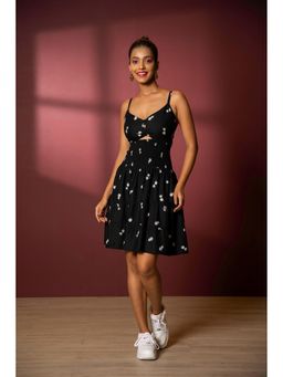 Urban Sundari - Women'S Cotton Printed Black Mini Fit and Flare Dress
