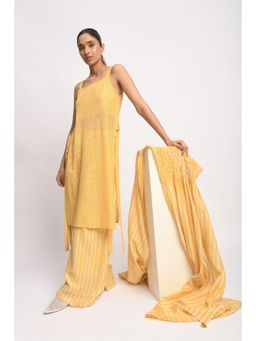 JAYATI GOENKA - Yellow Solid Shoulder Strap Mesh Kurta and Striped Pant