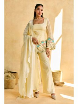 Saanjh by Lea - Yellow Pihu Lemon Yellow Embroidered Kurta with Pant and Dupatta