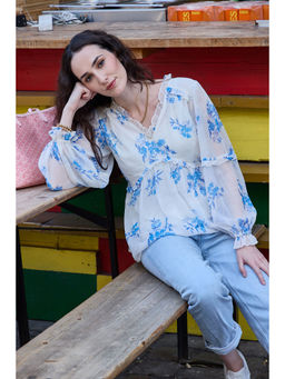IS.U - Floral White Blouson Sleeve Top
