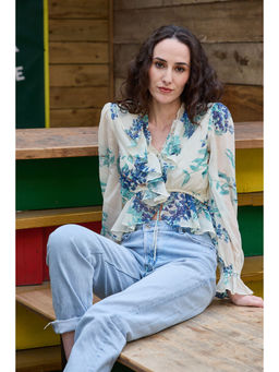 IS.U - Floral White V-Neck Blouson Sleeve Crop Top