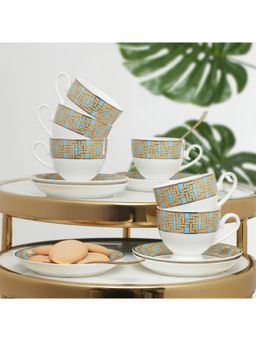 HomeTown - Amour Bone China Cup & Saucer Set Of 12 In Real Gold Plating & White Colour