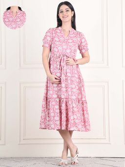 Moms Maternity - Womens Floral Print Slub Pink Maternity Midi Dress