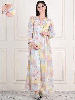 Moms Maternity - Womens Printed Chiffon Lurax Yellow Maternity Maxi Dress