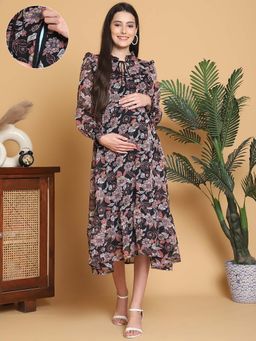 Moms Maternity - Womens Floral Printed Georgette Black Maternity Midi Dress