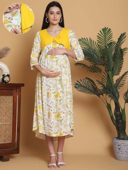 Moms Maternity - Womens Floral Yellow Color Maternity Midi Dress with Attached Jacket