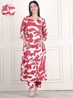 Moms Maternity - Womens Graphic Print Slub Maroon Maternity Anarkali Kurta with Pant