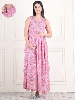Moms Maternity - Womens Printed Georgette Pink Maternity Maxi Dress