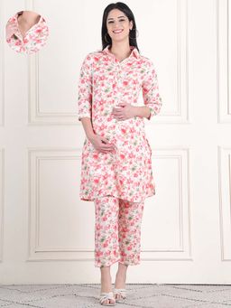 Moms Maternity - Womens Floral Printed Slub Shirt Collar Multi Color Pathani Kurta with Pant