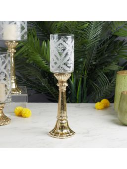 HomeTown - Phiona Glass Etched Handcrafted Hurricane 42 Cm in Gold Colour