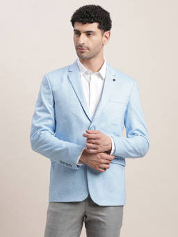 Turtle - Men Knitted Notched Lapel Collar Sky Blue Regular Fit Casual Blazer