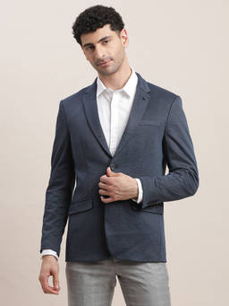 Turtle - Men Knitted Notched Lapel Collar Navy Blue Regular Fit Casual Blazer