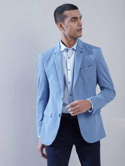 Turtle - Men Knitted Notched Lapel Collar Blue Regular Fit Casual Blazer