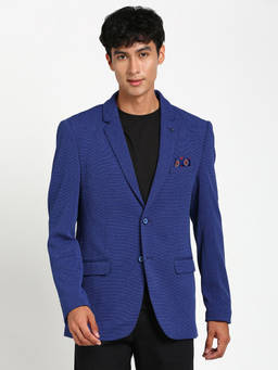 Turtle - Men Knitted Notched Lapel Collar Blue Regular Fit Casual Blazer