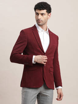 Turtle - Men Knitted Notched Lapel Collar Maroon Regular Fit Casual Blazer