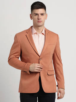Turtle - Men Knitted Notched Lapel Collar Orange Regular Fit Casual Blazer