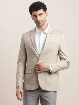 Turtle - Men Poly Viscose Notched Lapel Collar Beige Regular Fit Casual Blazer