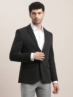 Turtle - Men Poly Viscose Notched Lapel Collar Black Regular Fit Casual Blazer