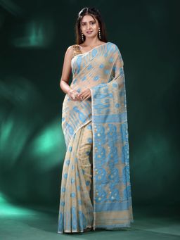 CHARUKRITI - Beige Silk Cotton Handwoven Soft Jamdani Saree without Blouse