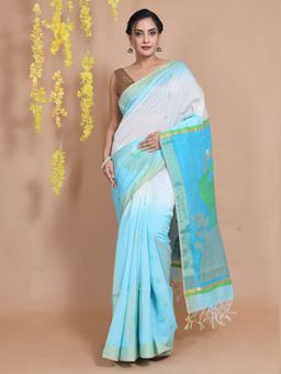 CHARUKRITI - White & Sky Blue Cotton Peacock & Floral Designs Handwoven Saree with Unstitched Blouse