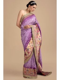 Zal from Benaras - Purple Pure Silk Bandhani Handloom Saree without Blouse