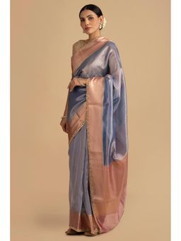 Zal from Benaras - Sage Blue Pure Tissue Silk Banarasi Handwork Saree without Blouse