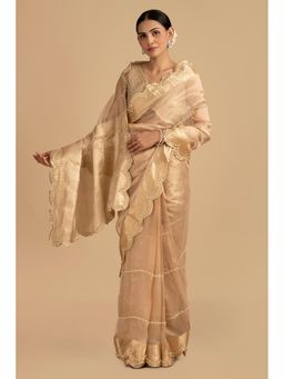 Zal from Benaras - Golden Pure Tissue Silk Banarasi Hand Embroidered Saree without Blouse
