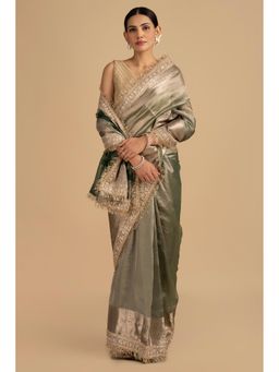 Zal from Benaras - Green Shade Crushed Tissue Silk Banarasi Handloom Saree without Blouse
