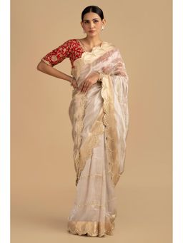 Zal from Benaras - Silver Pure Tissue Silk Banarasi Hand Embroidered Saree without Blouse
