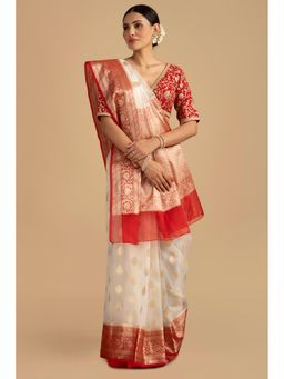 Zal from Benaras - Red Kora Organza Silk Banarasi Handloom Saree without Blouse