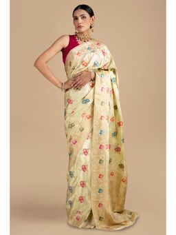 Zal from Benaras - Cream Pure Katan Silk Banarasi Minakari Handloom Saree without Blouse