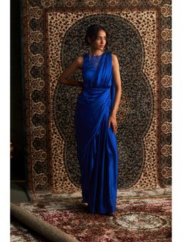Charkhee - Blue Neel Embroidered Gown with Attached Draped