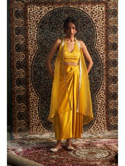 Charkhee - Yellow Marigold Embroidered Cape with Bustier and Draped Skirt (Set of 3)