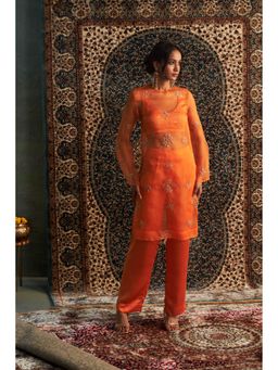 Charkhee - Orange Saffron Straight Kurta with Bustier and Pant (Set of 3)