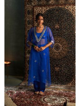 Charkhee - Blue Neel Embroidered V Neck Kurta with Bustier and Pant (Set of 3)