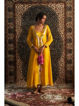Charkhee - Yellow Marigold Embroidered Kurta with Jacket and Pant (Set of 3)